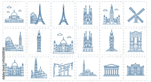 Iconic world landmarks line art vector illustration - eiffel tower, colosseum, big ben, and more for design and decoration