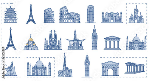 Famous landmarks collection line vector illustration for travel and tourism design