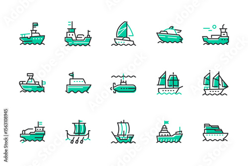 Water transport - set of line design style icons