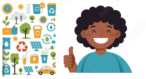Eco-friendly lifestyle vector illustration featuring smiling character with sustainable icons for environmental design