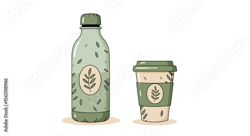 Eco-friendly beverage container vector illustration: bottle and coffee cup with leaf design for sustainable living