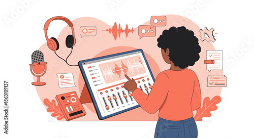Audio production studio scene with sound engineer and mixing equipment vector illustration