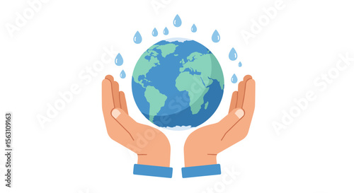 Earth conservation concept with hands holding planet and water drops vector illustration