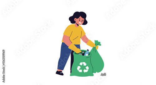 Woman recycling trash for environmental protection in flat vector illustration design