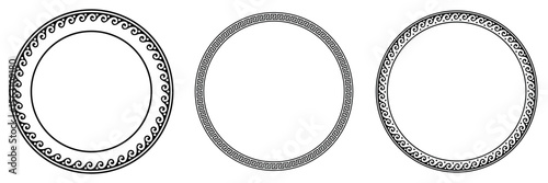 
Collection of decorative black round frames for design with Greek key, wave meander. Circle frame. Egyptian, Assyrian, Greek motif circular frame. Template for textiles, engraving, forging, embroider