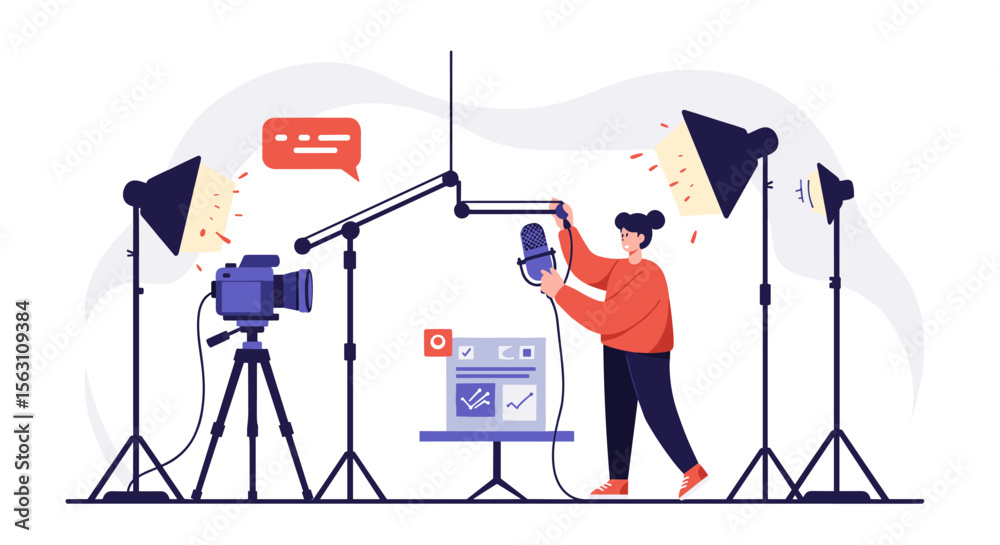 Podcast recording session in studio with professional setup vector illustration