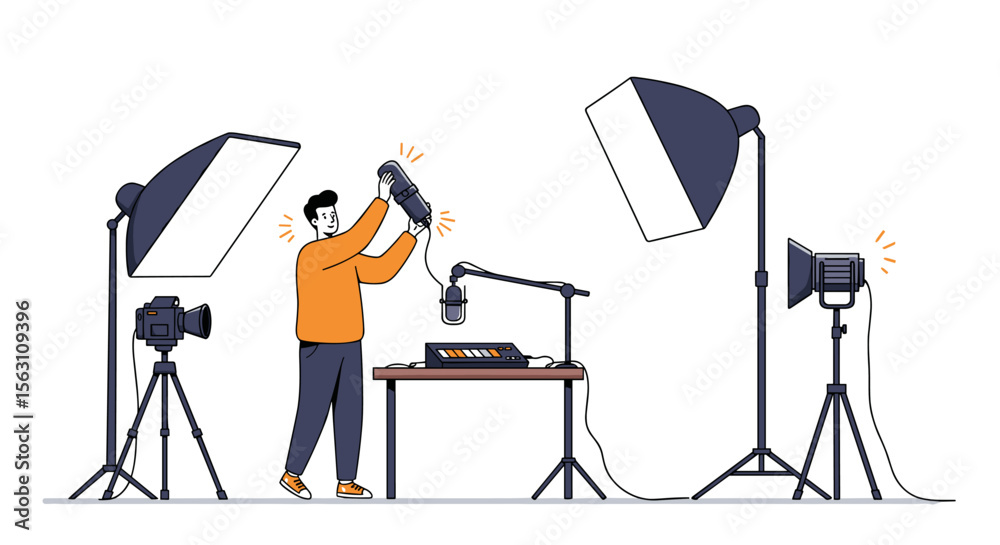 Podcast recording studio setup vector illustration for creative design