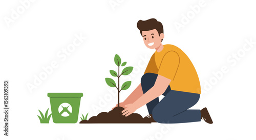 Environmental conservation concept vector illustration with person planting tree in flat style for educational and promotional design