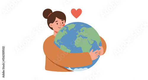 Woman embracing earth with love vector illustration - environmental conservation, flat style design for posters and cards