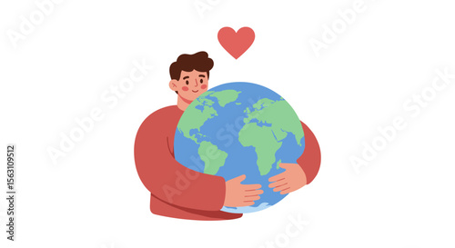 Man embraces earth for environmental awareness in flat style vector illustration for eco-friendly campaigns