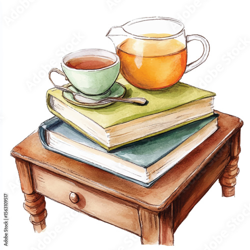 Watercolor Still Life of Tea Books and a Wooden Table