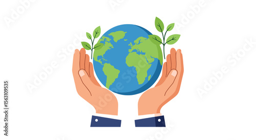 Earth day vector illustration: hands holding a green earth with seedlings for eco-friendly designs
