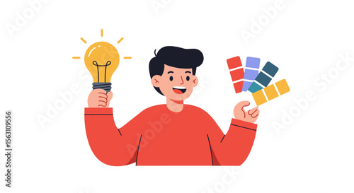 Creative inspiration vector illustration with young man holding light bulb and color swatches for design concepts