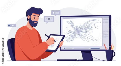 Creative digital art process vector illustration: man drawing on tablet with monitor in modern workspace for art design