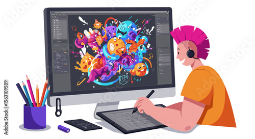 Creative digital art process vector illustration for graphic design projects in a modern workspace