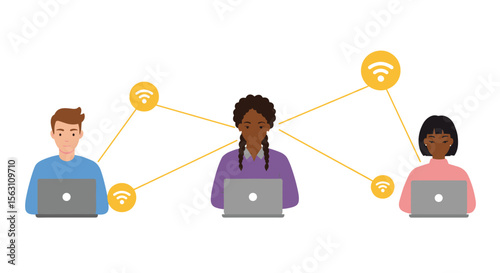 Remote work concept vector illustration: collaborative online networking design for digital communication