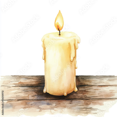 Watercolor Style Candle with Dripping Wax on Weathered Wood Surface