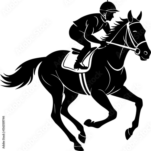 Silhouette of jockey riding galloping horse, showcasing speed and motion