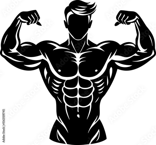 Silhouette of muscular man flexing his biceps, showcasing strength and fitness