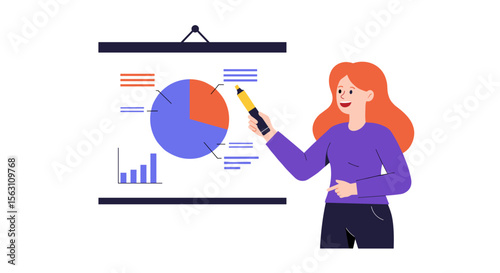 Business presentation vector illustration with woman explaining statistics in a flat design for business reports