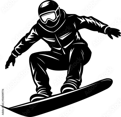 Snowboarder silhouette in action, wearing goggles and helmet, showcasing dynamic movement