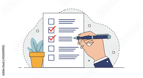Hand completing checklist vector illustration: task management for business and personal planning in flat style