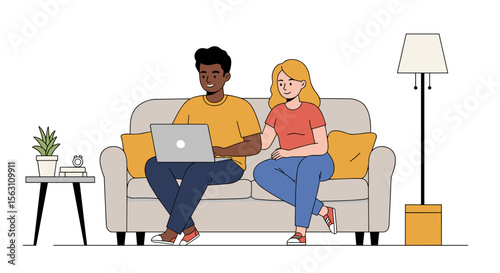 Cozy home scene with couple relaxing on sofa - vector illustration for lifestyle and interior design in flat style