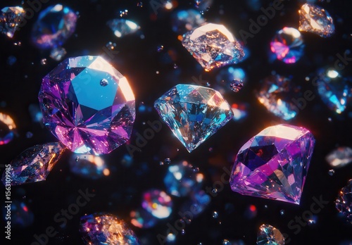 A stunning array of colorful diamonds in various shapes, reflecting vibrant hues of purple, blue, and pink against a dark backdrop, creating a mesmerizing visual experience.