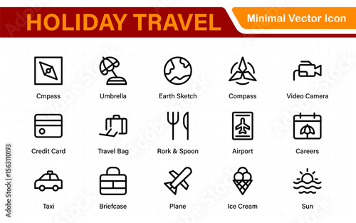 Holiday Travel outline icons set. Travel, hotel, holiday, tourism, beach, plane, map, agent and insurance. Booking, reservation, room, airport, accommodation.