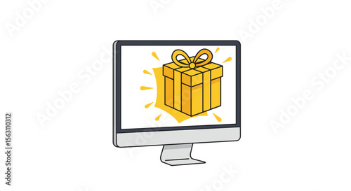 Bright present on computer screen vector illustration - perfect holiday gift celebration design