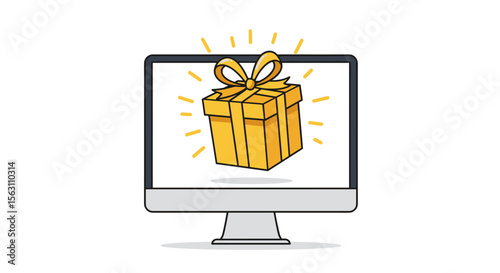 Gift box on computer screen vector illustration for holiday digital greeting design in flat style