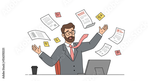 Overwhelmed businessman surrounded by paperwork vector illustration - stressful office scenario for design use