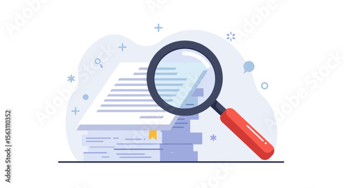 Document analysis with magnifying glass vector illustration in flat style for business and education
