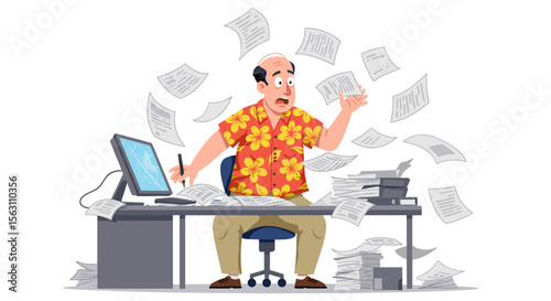 Overwhelmed office worker in tropical shirt at messy desk vector illustration for design and humor concepts