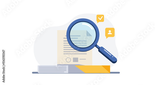 Magnifying glass document review vector illustration for data analysis and research