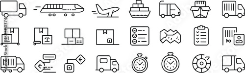 Transport and Logistics Line Icon Set Including Truck, Airplane, Ship, Delivery Boxes, Timers, Tracking, and Supply Chain