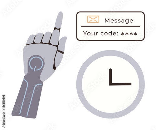 Robotic hand gestures toward screen displaying a security code. Clock indicates time sensitivity. Ideal for technology, security, AI, biometrics, password management, automation futuristic themes. A