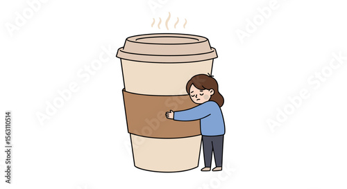 Coffee lover's embrace - cute flat vector illustration for coffee enthusiasts
