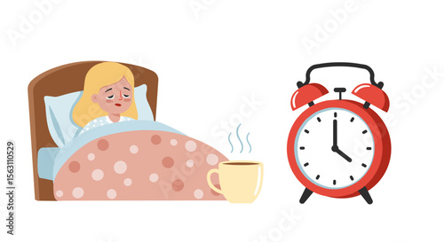 Cozy morning wake-up vector illustration: sleepy girl in bed with hot coffee and alarm clock