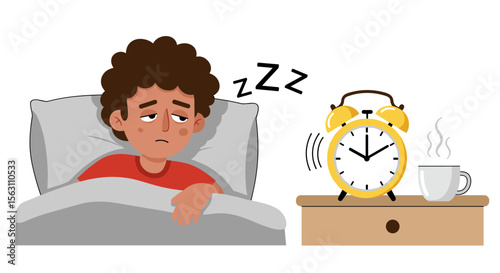 Morning wake up concept with sleepy person and ringing alarm clock vector illustration
