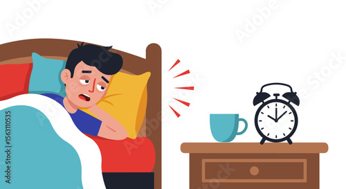 Tired man in bed with alarm clock and coffee cup vector illustration - morning wake up concept