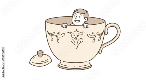 Whimsical child in teacup vector illustration for card design