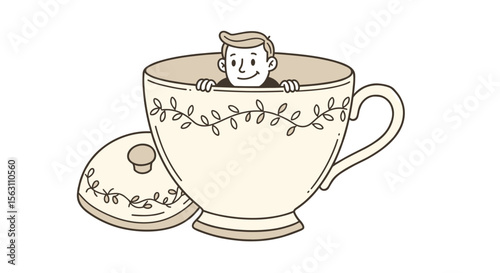 Whimsical adventure: boy peeking from teacup vector illustration for playful designs