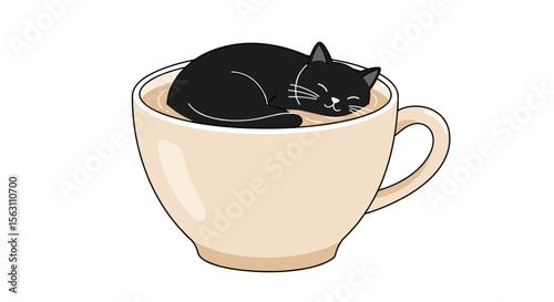 Cute cat sleeping in coffee cup vector illustration - perfect for cozy designs and pet lovers