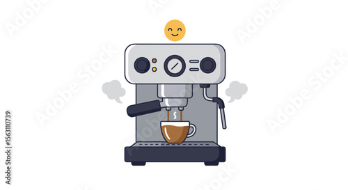 Flat style coffee machine with cup and smiley emoji vector illustration for café design