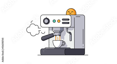 Cute coffee machine with smiling cookie vector illustration for cafe decor and design