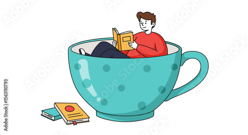 Cozy reading in a giant teacup with books vector illustration - flat cartoon style design
