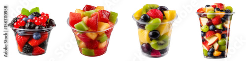 Set of a gourmet fresh fruit salad in a plastic cup, isolated on a transparent background.