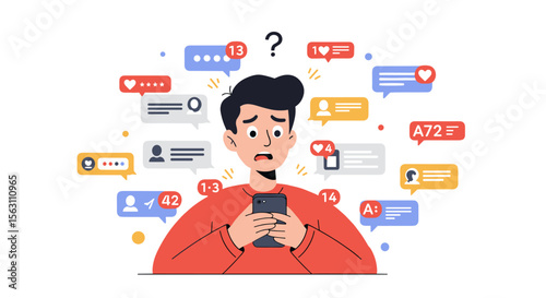 Social media overload concept vector illustration with notifications for digital burnout awareness