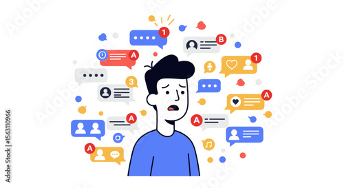 Social media overwhelm concept - flat vector illustration for design and print